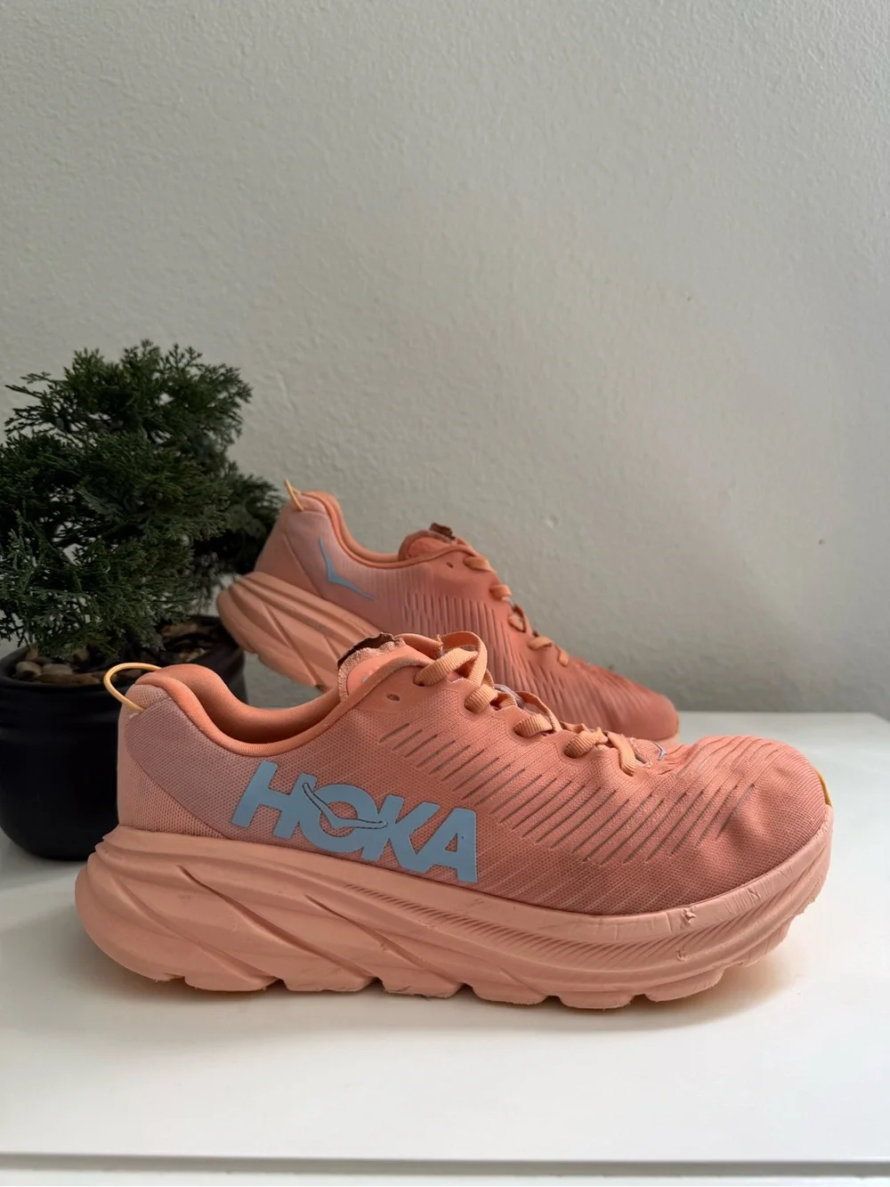 Hoka Rincon 3 Women size 7.5 Coral Peach Athletic Shoes with Light Blue Logo